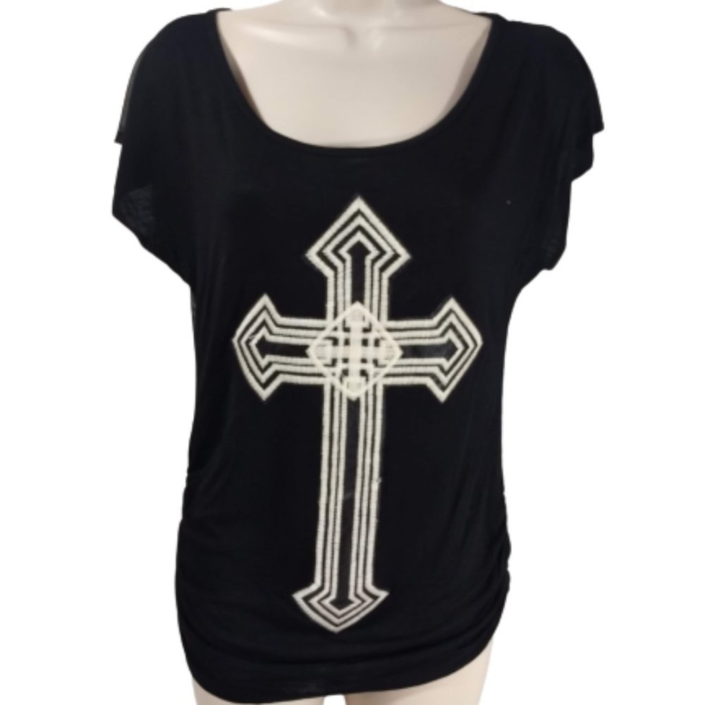 Cross Top Free Kisses Black Sheer Back Women's Size Large NEW